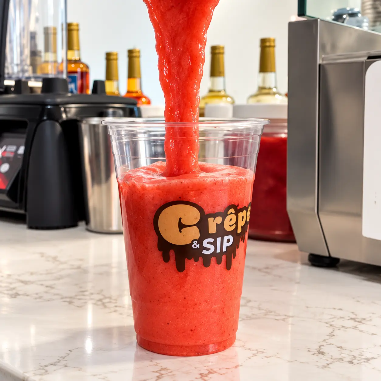 Red smoothie being poured into a Crêpe & Sip cup