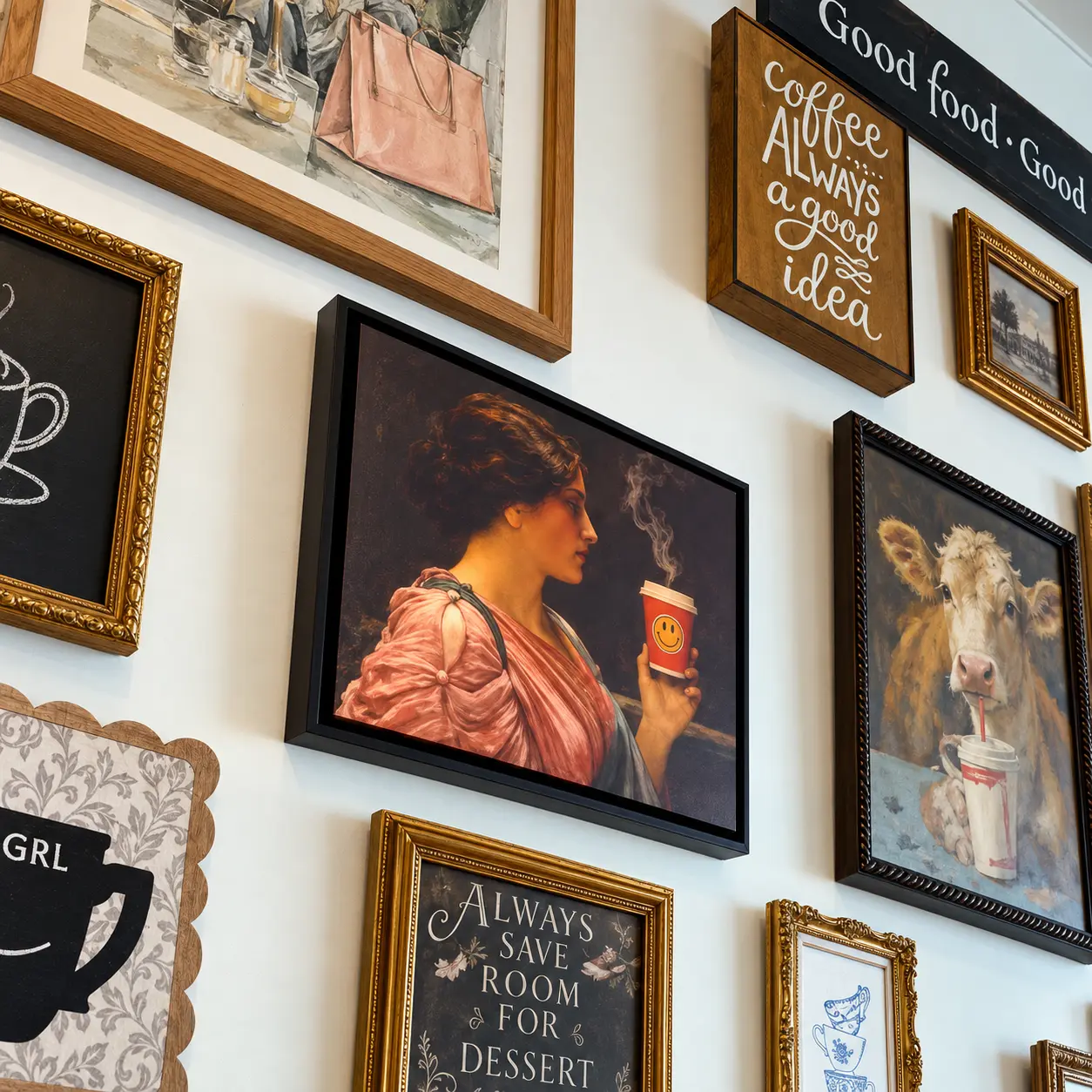 Gallery wall of framed art and coffee signs