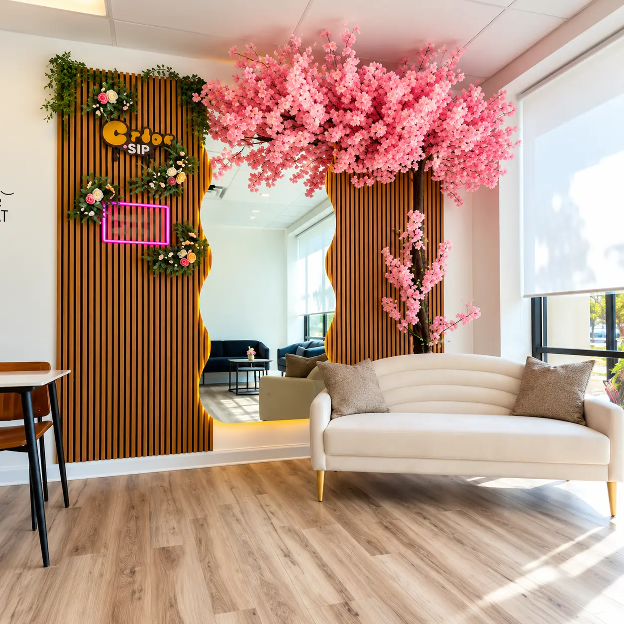 Crêpe & Sip interior with a pink cherry blossom tree and cream sofa