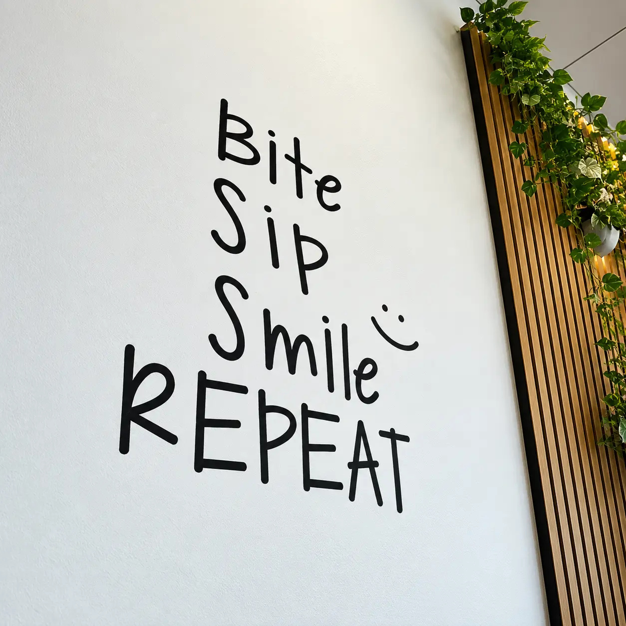 Bite Sip Smile Repeat lettering on the shop wall